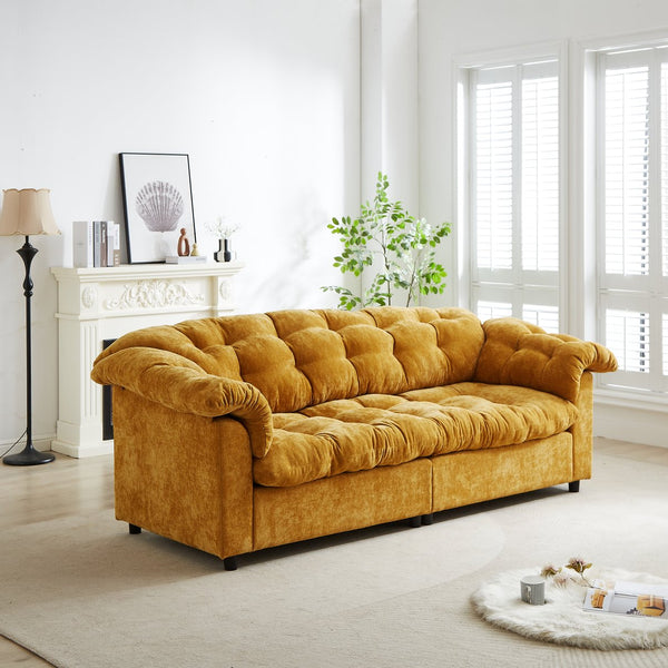 English Elm 99.2" Chenille Modern Deep Seat Sofa with Cloud-Like Cushioning, Zippered Arm Pads & Solid Wood Frame Yellow W1193S00151