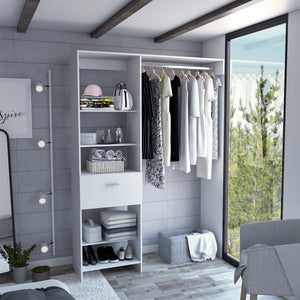English Elm Hybrid Closet System with Five Open Shelves, Spacious Drawer & Metal Rod for Smart Vertical Storage White 83 L x 20 W x 4 H B128S00094