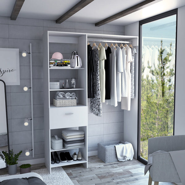 English Elm Hybrid Closet System with Five Open Shelves, Spacious Drawer & Metal Rod for Smart Vertical Storage White 83 L x 20 W x 4 H B128S00094