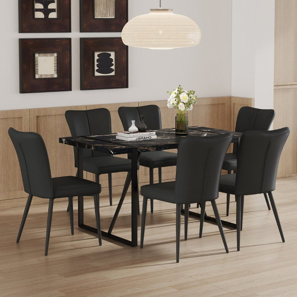 English Elm Table Modern Black Marble Dining Set With 6 Ergonomic Pu Chairs - Stylish, Stable & Easy To Assemble! W1151S02526-GIGA