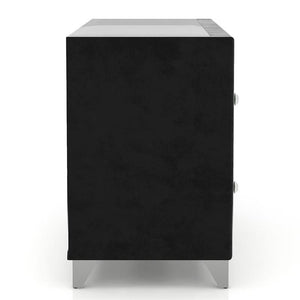 English Elm Fully Upholstered Frame nightstand with crystal-style knobs, glass top and chrome rhombus feet, luxe bedside statement piece Black 29 L x 20 W x 25 H B011P321010