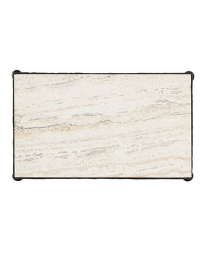 Currey & Company Agora White Travertine Side Table - Elegant Greek-inspired Design With Bronze Hourglass Legs & Veining Black White Travertine ,Wrought Iron 4000-0243-currey-company