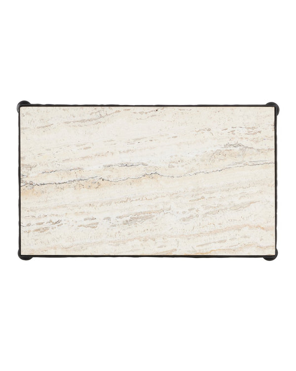 Currey & Company Agora White Travertine Side Table - Elegant Greek-inspired Design With Bronze Hourglass Legs & Veining Black White Travertine ,Wrought Iron 4000-0243-currey-company