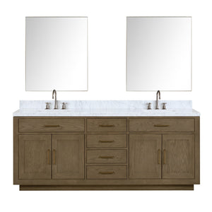 English Elm Grey Oak Double Bath Vanity With Carrara Marble Top, Chrome Faucets & Mirrors - Elegant Storage Solution B2731S01820