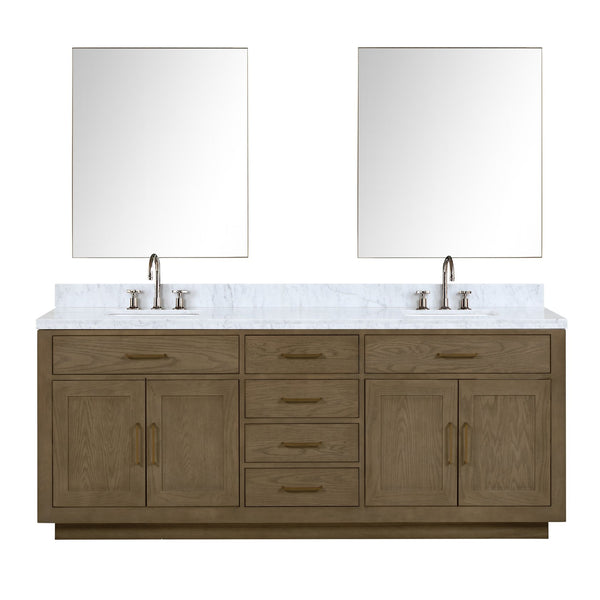 English Elm Grey Oak Double Bath Vanity With Carrara Marble Top, Chrome Faucets & Mirrors - Elegant Storage Solution B2731S01820