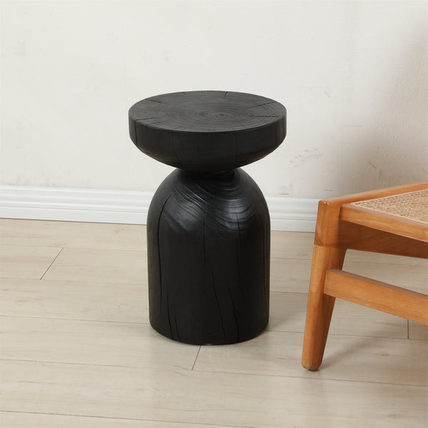English Elm Solid Mango Wood Round Accent Table Hand Burned Finish Sculptural Plant Stand Nightstand W347P430101