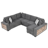 English Elm 109" U-Shaped Sectional Sofa Pull-Out Sofa Bed With Two Usb Ports, A Storage Chaise Lounge and Four Back Pillows For Living Room, Grey