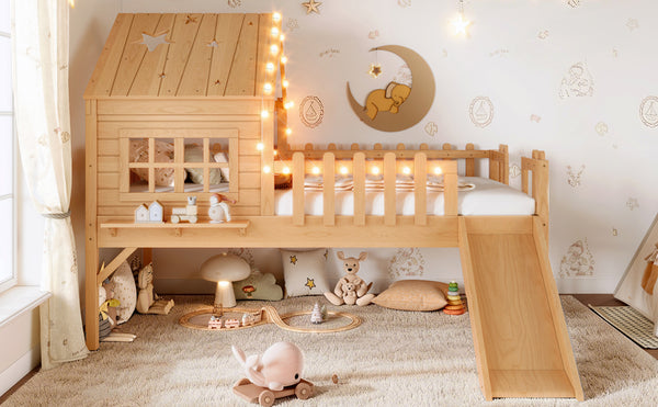 English Elm Twin Playhouse Loft Bed Solid Pine Frame with Slide Led Lights and Star Roof Natural W5316S00002