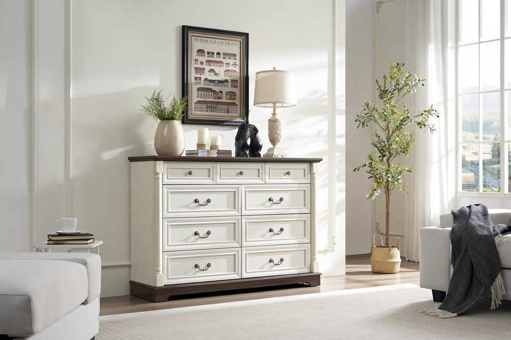 English Elm 8 Drawer Farmhouse Chest Distressed Two-tone Wood Grain Finish Antique Hardware W2393P252368