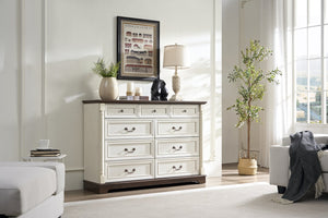 English Elm 8 Drawer Farmhouse Chest Distressed Two-tone Wood Grain Finish Antique Hardware W2393P252368