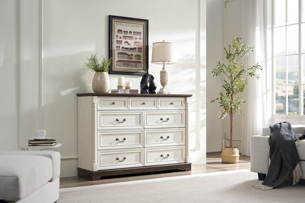 English Elm 8 Drawer Farmhouse Chest Distressed Two-tone Wood Grain Finish Antique Hardware W2393P252368
