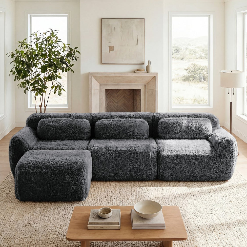 English Elm L-shaped Plush Modular Sectional Sofa with Ottoman and High Resilience Foam Seating Dark Grey W714S01550
