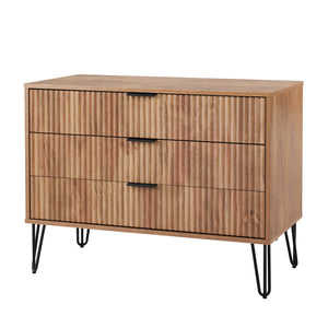 English Elm Dumbo 35" Fluted 3-Drawer Dresser with Gold Metal Legs, Glam Handles, Easy Snap Assembly Brown B365P398116