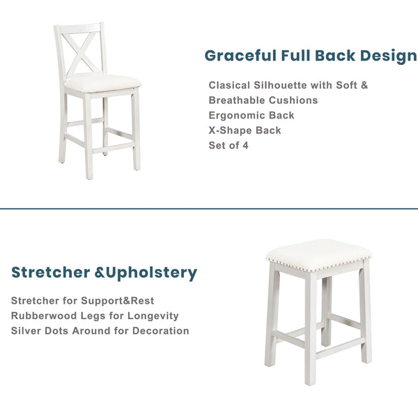English Elm TOPMAX Counter Height Rustic Farmhouse 5-Piece Dining Set for 4 with Stacked Storage Shelves, Beige Upholstery White SP001134AAK