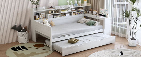 English Elm Wooden Twin Daybed with Trundle, Built-In Desk and Side Storage Shelves for Space-Saving Living Antique White 54.4 L x 18 W x 5.6 H N733S242275K