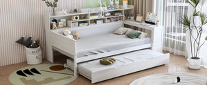 English Elm Wooden Twin Daybed with Trundle Built-in Desk and Open Shelves for Kids Rooms Antique White N733S373389K