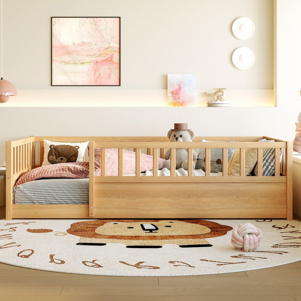 English Elm Twin Montessori Floor Bed Solid Pine Frame with Safety Fence Door for Kids Play Space Natural W1858P382399