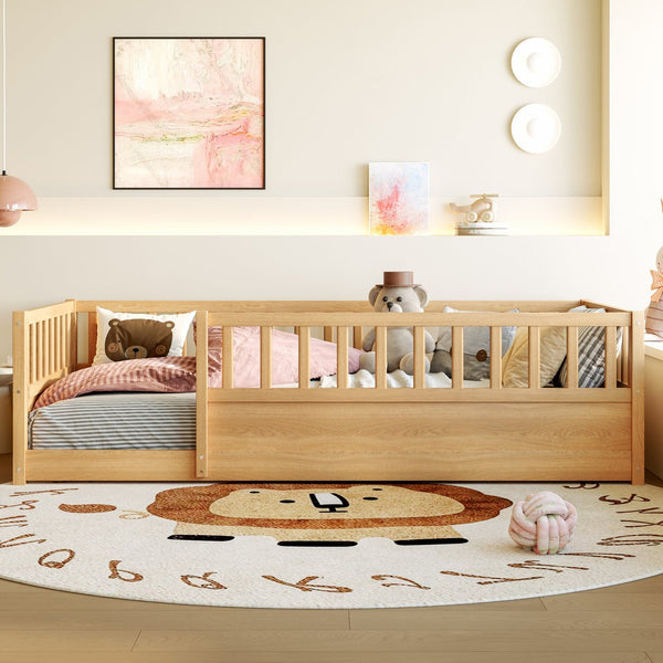 English Elm Twin Montessori Floor Bed Solid Pine Frame with Safety Fence Door for Kids Play Space Natural W1858P382399