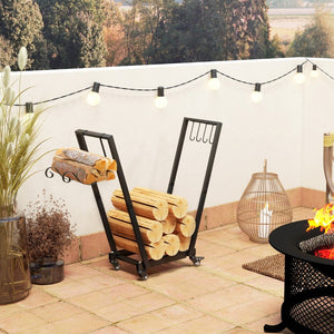 English Elm Outsunny 31" Portable Firewood Rack With Swivel Casters, Hooks & Sturdy Design For Indoor/Outdoor Use W2225P249990-GIGA