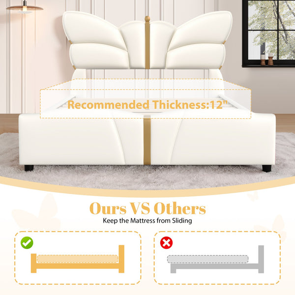 English Elm Christopher Knight Home® - Full Upholstered PU Leather Bed Frame with Butterfly Headboard, Gold Accents, Solid Wood Platform Beige 78.25 L x 10 W x 3.25 H N761S0000018W
