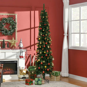 English Elm Homcom 7.5 Foot Slim Pencil Artificial Christmas Tree With Realistic Pine Needles & Pine Cones W2225P229162