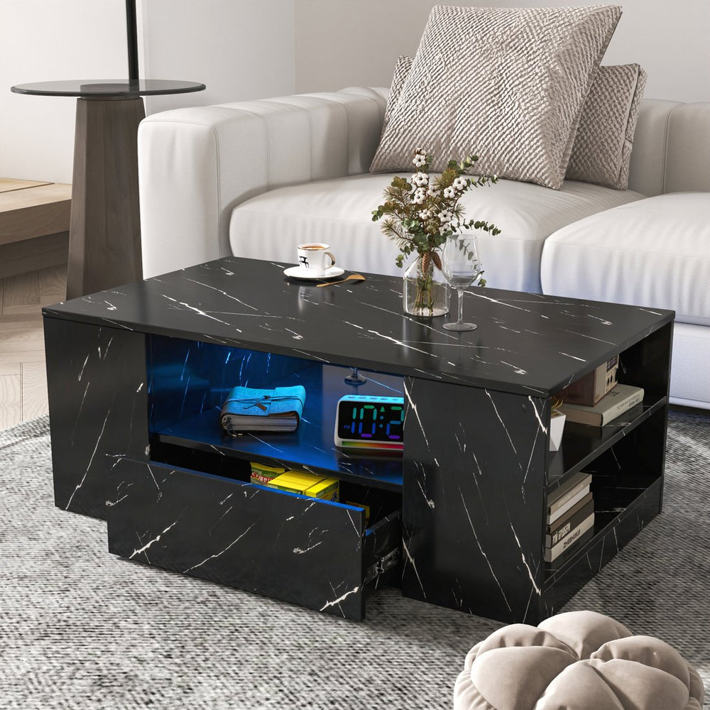 English Elm 14.57IN Modern LED Coffee Table with 20-Mode Remote Lighting, 2 Drawers, Open Shelves, Durable Wood Finish W331P264716