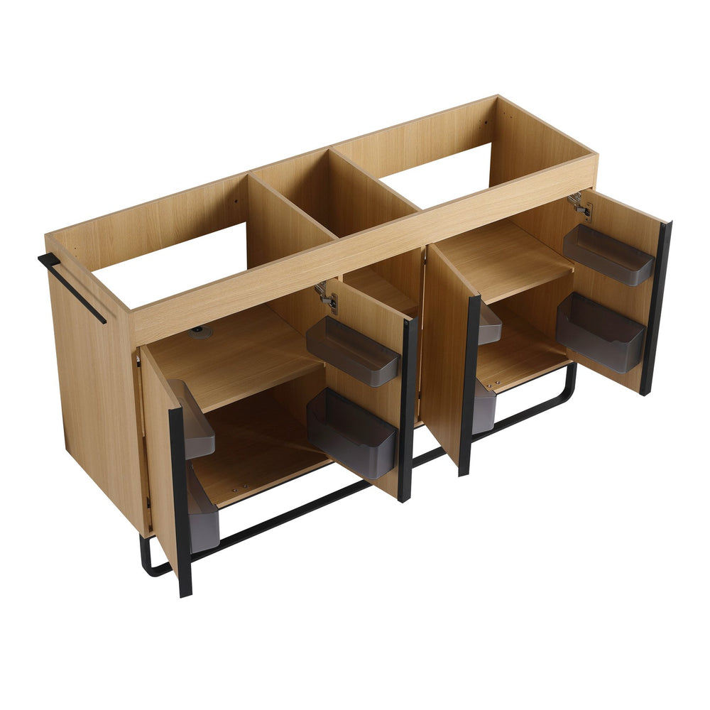 English Elm 60" Modern Freestanding Bathroom Vanity with 4 Soft-Close Doors, 3 Open Shelves, Towel Hanger, 8 Boxes W999P376886