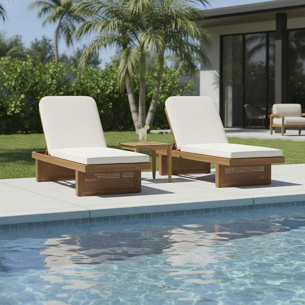 English Elm Set of 3 Acacia Wood Outdoor Loungers with Woven Rattan Slatted Side Table N769P303158A_2_70151.00