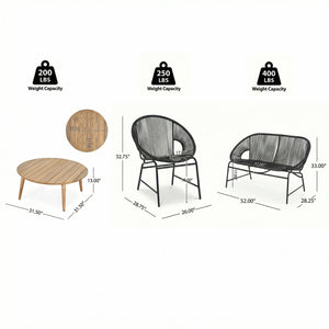 English Elm Nusa Outdoor Pe Rattan Conversation Set with Acacia Wood Coffee Table Patio Black,Natural NUSA4PCSET-BLK