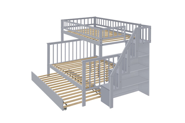 English Elm Twin Over Full Stairway Bunk Bed With Trundle - Stylish Gray Space-Saving Solution For Kids' Rooms K495S00003-GIGA