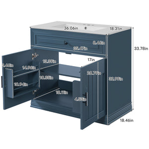 English Elm 36" Luxurious Bathroom Vanity with Ceramic Sink and Soft-Close Doors, Solid Wood Frame, Adjustable Shelves Blue N710P288944C