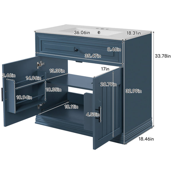 English Elm 36" Luxurious Bathroom Vanity with Ceramic Sink and Soft-Close Doors, Solid Wood Frame, Adjustable Shelves Blue N710P288944C