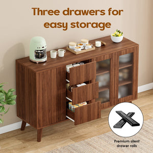 English Elm Farmhouse Buffet Cabinet with Pop-Up Doors and 3 Drawers — Rustic 55.5" Sideboard for Dining Room Walnut T3623P408446