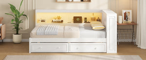 English Elm Full Pine Platform Daybed with Led Lighting Usb Charging Headboard Shelf and Drawers White N7090004032K