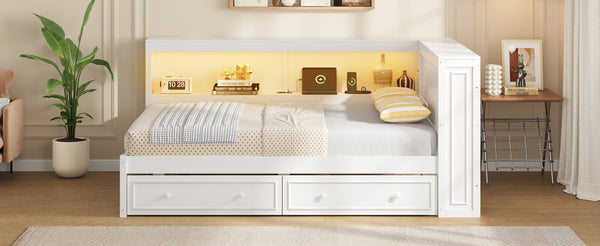 English Elm Full Pine Platform Daybed with Led Lighting Usb Charging Headboard Shelf and Drawers White N7090004032K