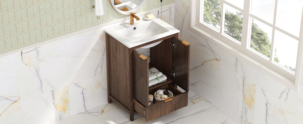 English Elm Christopher Knight Home® - 24 24-Inch Bathroom Vanity with Ceramic Sink, Textured Panels, Soft-Close Drawer & Large Storage Brown N817P339017B