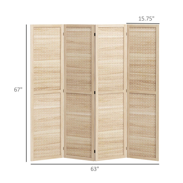 English Elm Homcom 4 Panel Wood Room Divider, 5.6' Tall Folding Privacy Screen With 500 Hook Holes For Decor W2225P217281