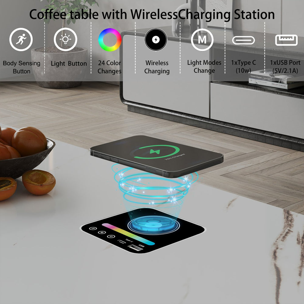 English Elm Coffee Table with Led Lighting Bluetooth Speaker Wireless Charging and Faux Marble Top White T3773P415726