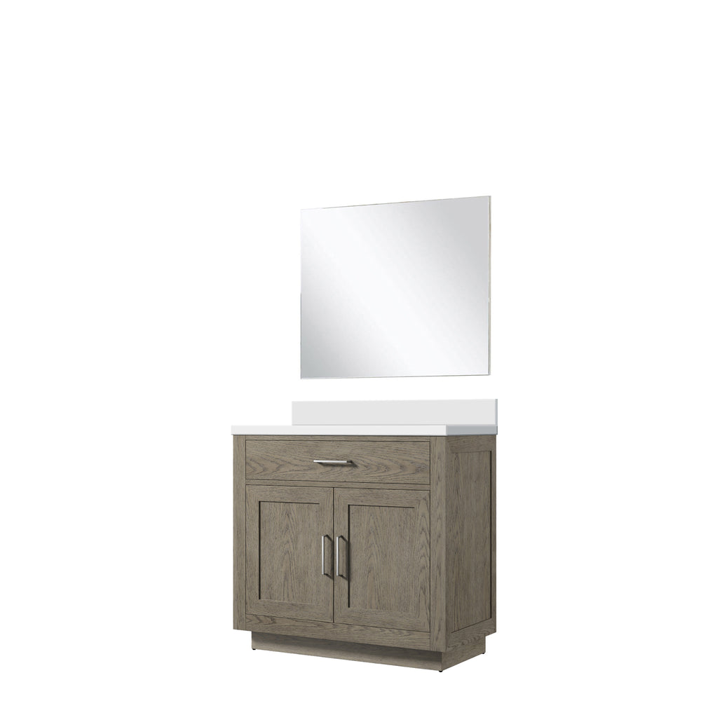 English Elm Grey Oak Single Bath Vanity Set With White Quartz Top & 34 In. Frameless Mirror For Modern Bathrooms B2731S01399
