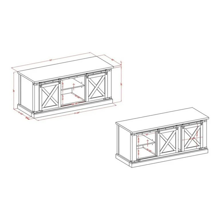 English Elm Rustic 72" TV Console with Sliding Barn Doors, X-Design Metal Accents, Open Shelves, Dark Oak Finish B2741P361884