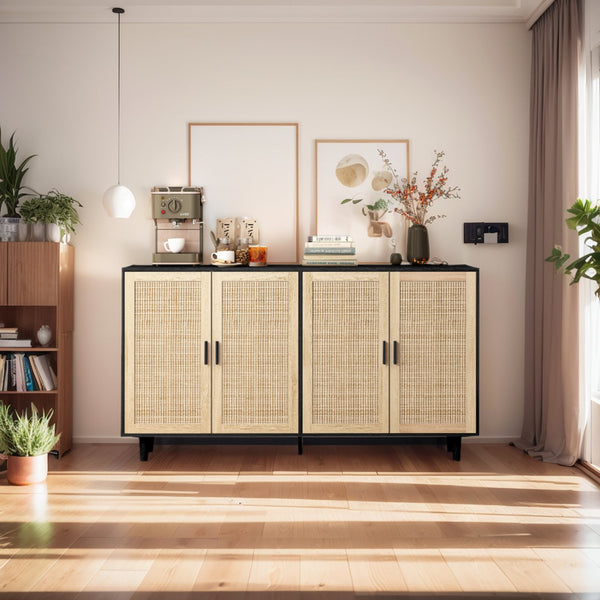 English Elm 62.20"Elegant 4-Door Rattan Storage Cabinet with Solid Wood Legs, Black, Spacious Shelves & Easy Assembly W757P174987