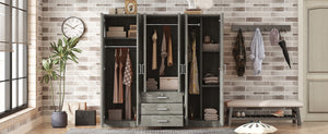 English Elm 6-doors Mdf Wardrobe with Large Drawers Streamlined Bedroom Storage Modern Design Gray N820000010E