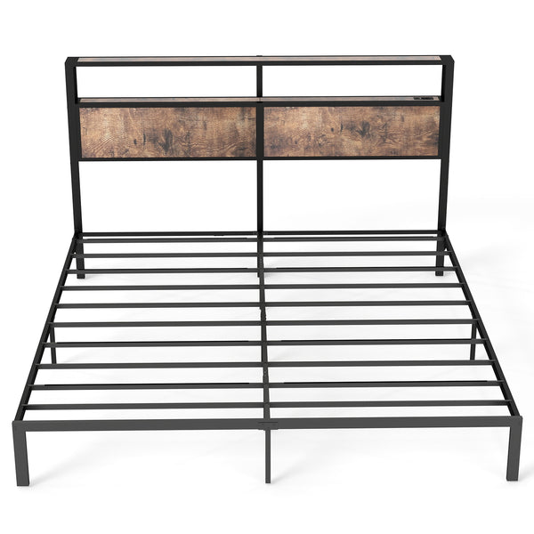 English Elm Queen Metal Platform Bed with Rgb Led Headboard Charging Station and Underbed Storage T3963P483719