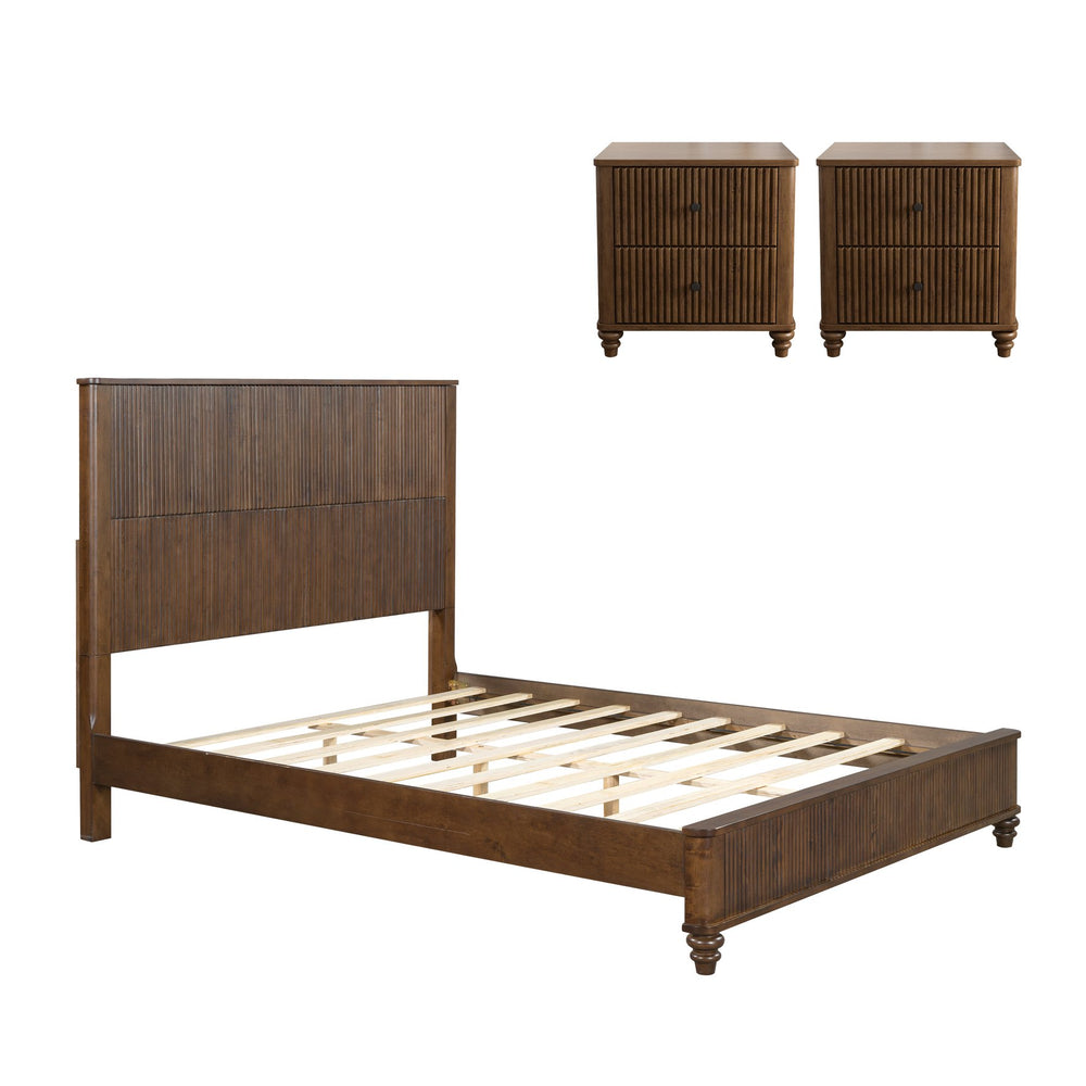 English Elm 3-piece Queen Bedroom Set Fluted Panel Rubberwood Bed with Dual Drawer Nightstands Walnut Brown W5819S00012