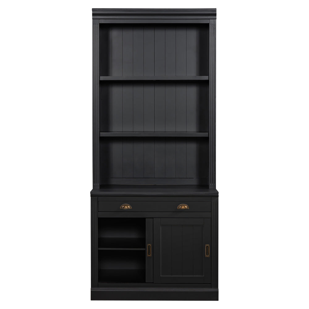 English Elm 83.4"Tall Modern Bookshelf With Sliding Doors, Adjustable Open Shelves For Home Office & Living Room N751S323420B