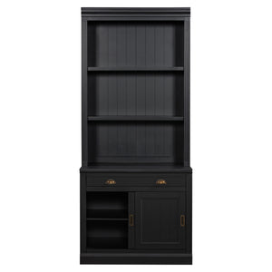 English Elm 83.4"Tall Modern Bookshelf With Sliding Doors, Adjustable Open Shelves For Home Office & Living Room N751S323420B