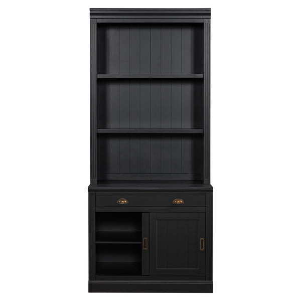 English Elm 83.4"Tall Modern Bookshelf With Sliding Doors, Adjustable Open Shelves For Home Office & Living Room N751S323420B