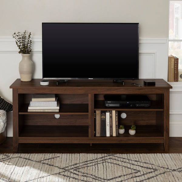 English Elm Walker Edison - Classic Open-Storage TV Stand Dark Walnut — Warp-Resistant MDF, 4 Open Compartments, 2 Adjustable Shelves, 65" TV Capacity, 250lb Support B185P244221