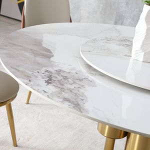 English Elm Modern Marble Dining Table with 59" Sintered Stone Top, 360° Lazy Susan, Durable Stain-Resistant Finish Gold,White W2699S00011