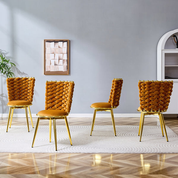 English Elm Set of 2 Velvet Dining Chairs with Braided Rope Backrests and Sculptural Metal Legs Gold,Orange W1512P491450